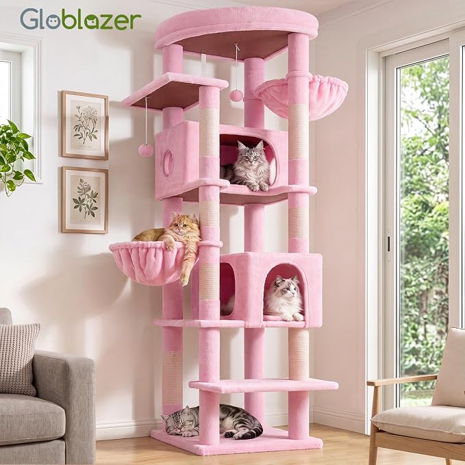 Globlazer 74in Pink Heavy Duty Cat Tree Tower for Indoor Large Cats, S74 | Sturdy Cute Cat Tower with 7 Scratching Posts, 2 Widened Padded Condos for Big Cats, Dual-Ear Baskets, Enlarged Perch, Pink - Image 7