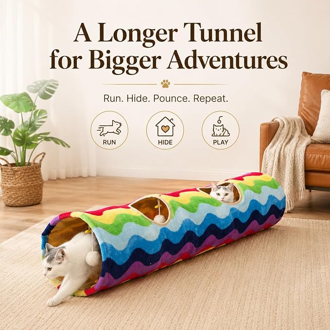 Cat Tunnel -Straight-Shaped, Rainbow Wave Color, Soft Velvet Exterior, Oxford Fabric Fog-Proof Interior, Plush Toy Ball, Easily Washable, Conveniently Foldable, 47.2in/120cm - Image 2