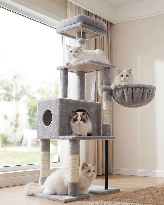 Heybly Cat Tree with Toy, 49.2 inch Cat Tower for Indoor Cats HCT200SW-1 | Spacious Cat House Condo with Hidden Space，Soft Plush Top Perch，Cozy Hammock and Sisal Scratching Posts, Light Gray by HEYBLY
