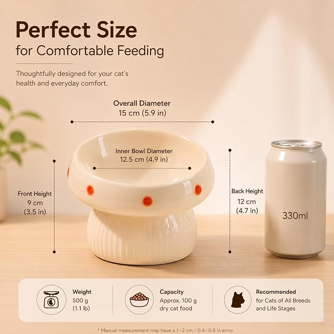Ceramic ElevatedMushroom Feeding Cat Bowl Whisker Friendly | 15° Tilted,Wide & Shallow, Premium Ceramic - Image 2