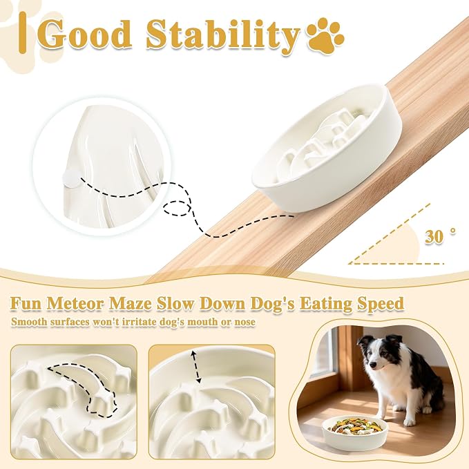 Ceramic Slow Feeder Dog Bowls,1.5 Cups Dog Food Dish for Medium&Large Breed | Puzzle Dog Food Bowl for Fast Eater, 28OZ, 8.15 inch(Beige) - Image 3