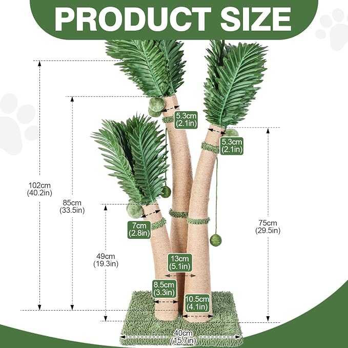 40'' Tall Cat Scratching Post Cat Tree, 3 Curved Design Palm Tree Cat Scratching Post with 8 Interactive Balls, Natural Sisal Rope Cat Scratchers for Indoor Cats, Multi-Combinable (Style D) - Image 3