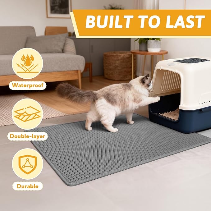 Pieviev Cat Litter Mat, Double-Layer Waterproof Litter Trap, 36" x 30" Gray | Honeycomb Design Catches Scattered Particles to Stop Tracking, Urineproof Base Protects Floors, Easy to Clean - Image 7