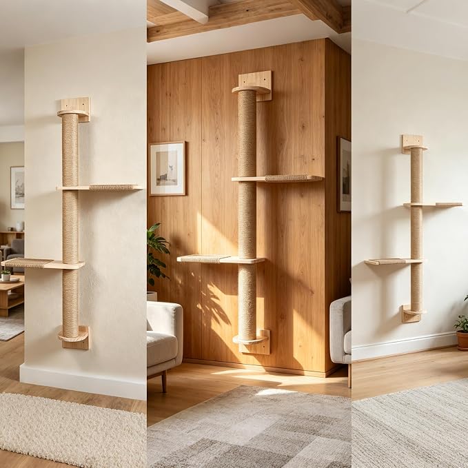 Tall Wall Cat Tree 47"‌, Wood Cat Wall Shelves Wall-Mounted Scratching Post | with Natural Jute Rope Adjustable Cat Tower for Indoor Cats (3-Tier Cat Tree, Natural Sisal Color) - Image 6