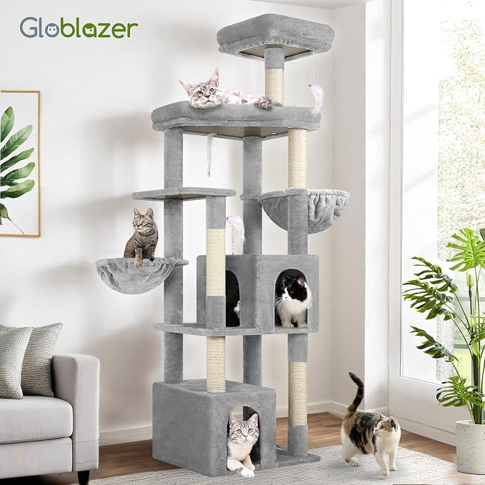 Globlazer Sturdy Cat Tree for Indoor Cats 20 lbs, S68, Cloud Grey | 68-inch Large Cat Tower for Adult Big Cats, Heavy Duty Cat Tree with Extra Large Platform, 5 Scratching Post - Image 7