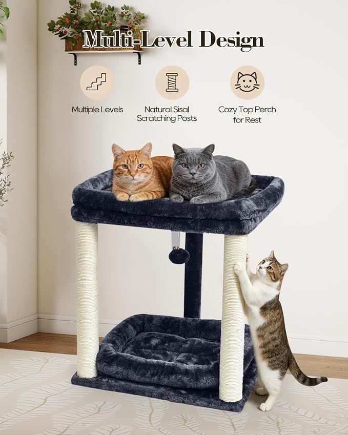 SYANDLVY Small Cat Tree for Indoor Cats with 2 Levels Perch Platforms | Natural Sisal Scratching Post Tower with Hanging Bell Ball & Anti-Tip Strap, Stable Cat Perch Furniture for Kittens, Smoky - Image 5