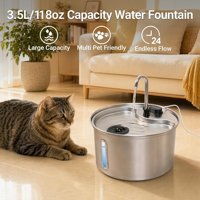 Cat Water Fountain, 118oz/3.5L Stainless Steel Cat Fountain with Ultra-Quiet Pump, LED Water Level Window, Automatic Cat Water Dispenser, 6-Layer Filtration Includes 2 Replacement Filters - Image 5