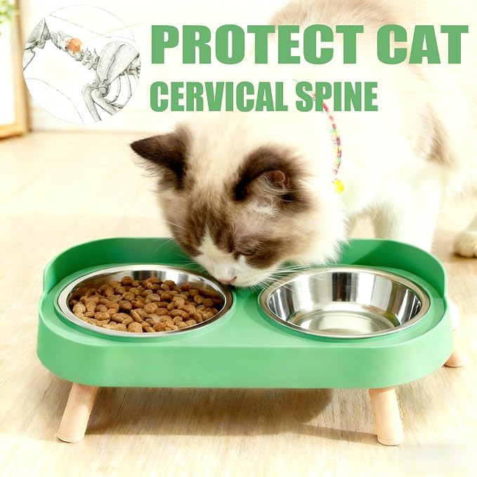 Elevated Cat Bowls, 2 Stainless Steel Raised Cat Food and Water Bowl Set, Splash Proof & Non-Slip, Whisker Fatigue Friendly, Dishwasher Safe for Cats and Small Dogs - Green - Image 2