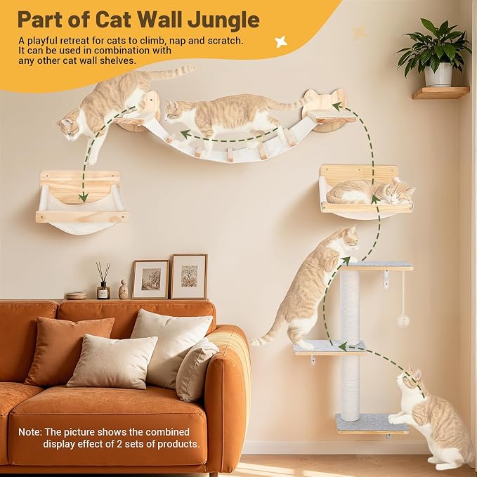 Wall Mounted Cat Shelves Set with Hammock | Sisal Scratching Posts, 3 Wooden Steps, Space-Saving Cat Tree, For Indoor Cats Up to 30 lbs - Image 4