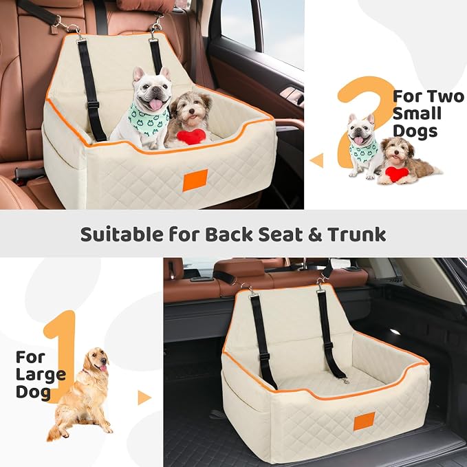 XIEEAOZEE Dog Car Seat for Large/Medium Pet Under 55Lbs or 2 Small Dogs | Detachable and Washable Booster Dog Seat Travel Pet Seat with Thick Cushion & Storage Pockets (Beige) - Image 5