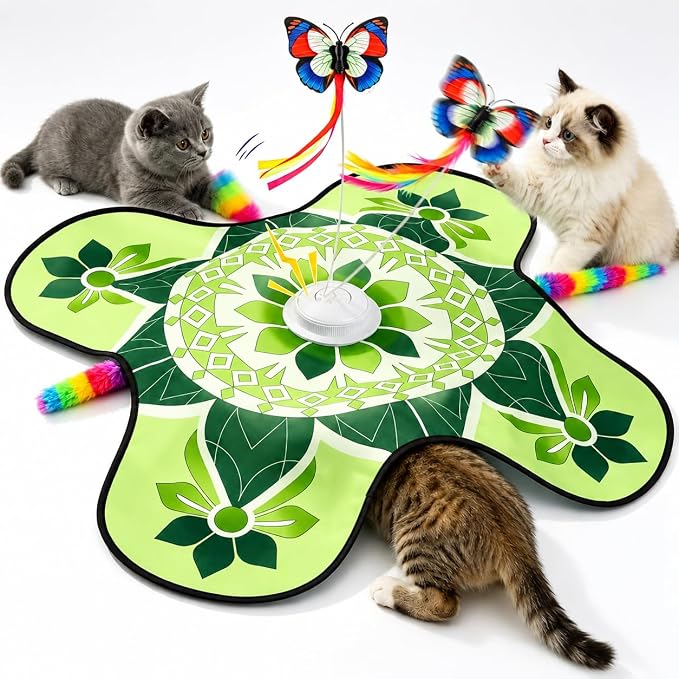 Wortade 3in1 Interactive Hide-and-Seek Cat Toy, Rotating, Green | Moving Concealed Wand Feather,Automatic Fluttering Butterfly,Cat Stimulation,Touch Activated,Mouse Squeaky,1800mAh Battery by Wortade