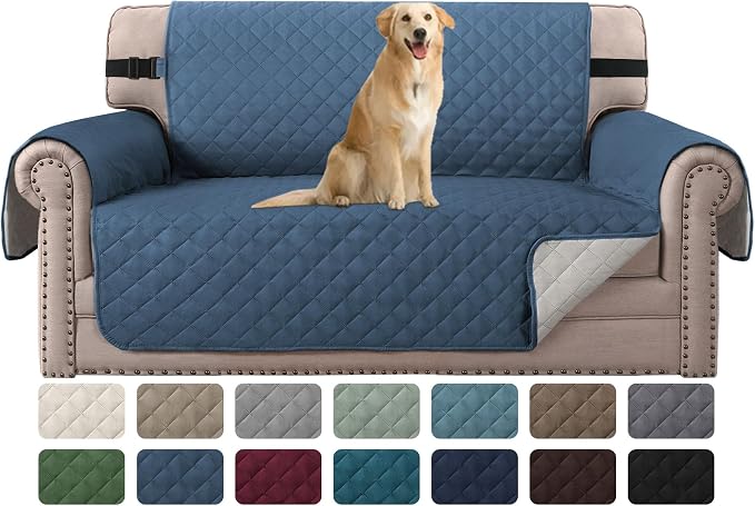 H.VERSAILTEX Loveseat Slipcover Reversible Loveseat Cover Seat Width Up to 46" Water Resistant Couch Cover with Elastic Strap Quilted Furniture Protector for Pets(Loveseat, Dark Blue/Beige) by HVERSAILTEX