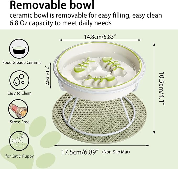 Ceramic Elevated Slow Feeder Cat Bowl, Anti Vomit, Removable Dish, Green | Removable Ceramic Bowl Elevated Anti Vomit Whisker-Friendly Wet & Dry Food Green Glazed Finish - Image 2