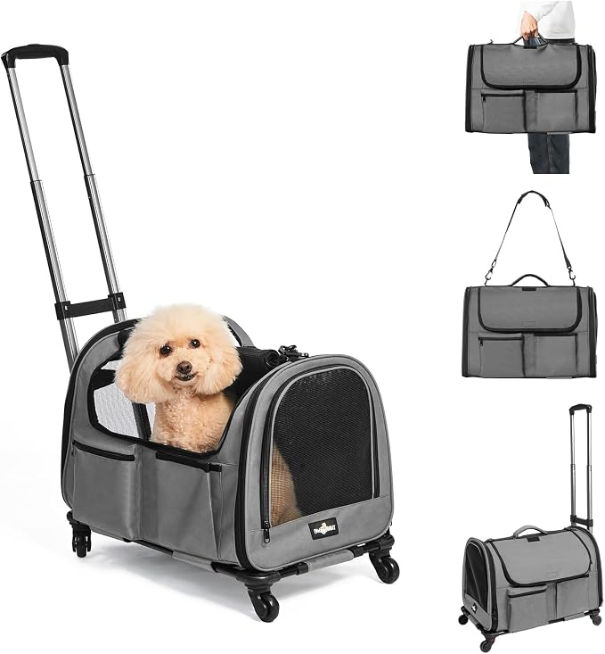 Large Pet Carrier with Wheels, Foldable Rolling Dog Carrier with Big Pocket, Cat Rolling Bag 21"x13"x13" for 2 Cats &Dogs, for Travel, Outdoor, Vet Visits, Camping, Indoor. Gray. (Not for Airline) by PAWBALLET