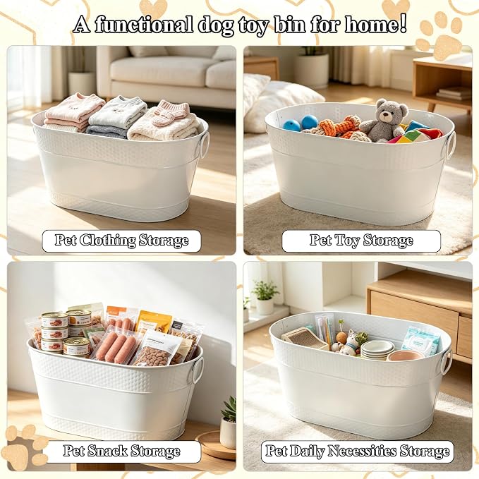 Indestructible Metal Dog Toy Bin, White Galvanized Storage Bin with Handles, Puppy Basket for Blankets, Leashes, Pet Toy Box for Living Room (25-Quart) - Image 5