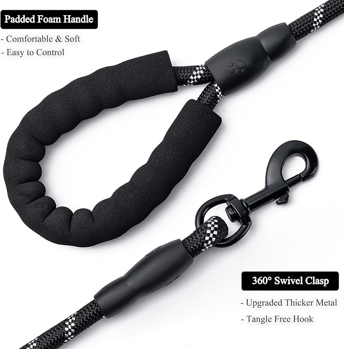 2 Pack Dog Leash, Heavy Duty Nylon Rope Pet Leashes(4FT-3/8,Black/Pink) | Comfortable Padded Handle, Anti-tangle Swivel Clip, Reflective for Night Walks and Training, Climbing Rope for Strong Pullers - Image 3