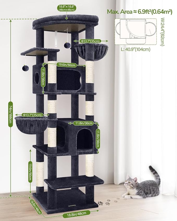 Globlazer 74in Heavy Duty Cat Tree Tower for Indoor Large Cats Adult, S74 | Sturdy Cat Tower with 7 Scratching Posts, 2 Widened Padded Condos for Big Cats, Dual-Ear Baskets, Enlarged Perch, Dark Grey - Image 6