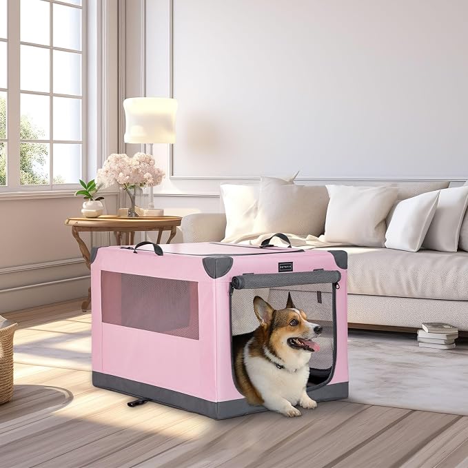 PETSFIT 30" Soft Portable Dog Crate – Patented Spiral Sturdy Frame, Collapsible Travel Kennel for Medium Dogs, 3 Mesh Door, Lockable Zippers, Indoor & Car Use Pink - Image 9