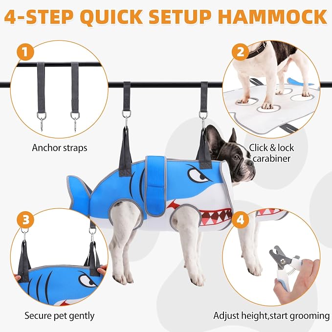 Dog Grooming Hammock for Small Dogs Cats, Cute Shark Design Dog Hanging Harness for Nail Trimming/Clipping, Pet Sling with Grooming Kit and Thick Neck Support & Strap Restraint Claw Care, M - Image 5