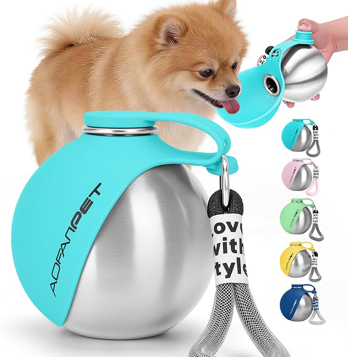 Portable Dog Water Bottle 10oz Stainless Steel Travel Dog Water Dispenser with Bowl No-Spill Puppy Water Bottle for Walking Hiking Small Dog Water Bottle by AOFANPET
