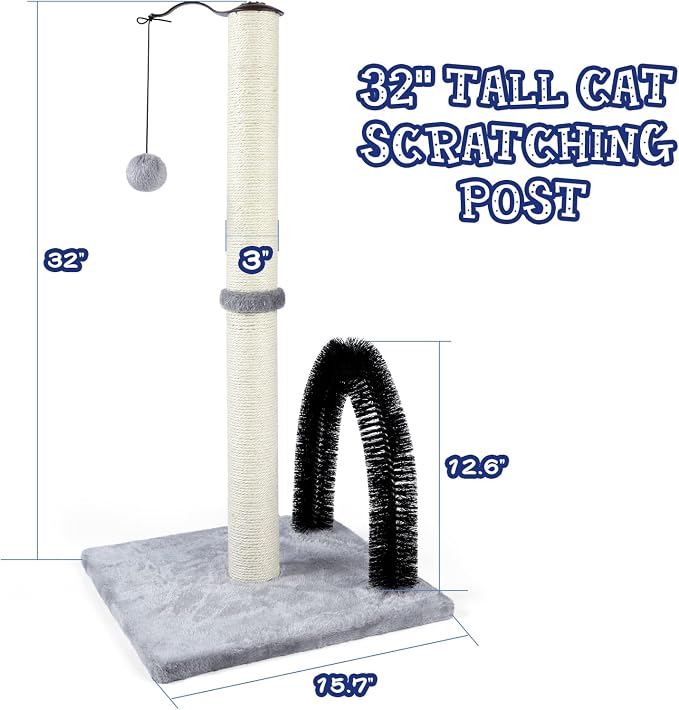 ANWA 32" Tall Cat Scratching Post with Arch Groomer, Natural Sisal, Gray | Natural Sisal Post for Indoor Cats Adults, Stable Cat Post with Plush Toys, Self-grooming Brush, Cat Furniture, Small Space - Image 2