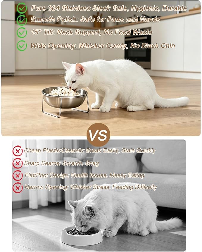 15° Tilted Cat Food Bowls 304 Stainless Steel Kitten Food Bowl Raised Food and Water Dish for Cats Elevated Cat Bowl Plate Stand Whisker Friendly Smooth Polished Easy to Clean Dishwasher Safe 2PACK - Image 5