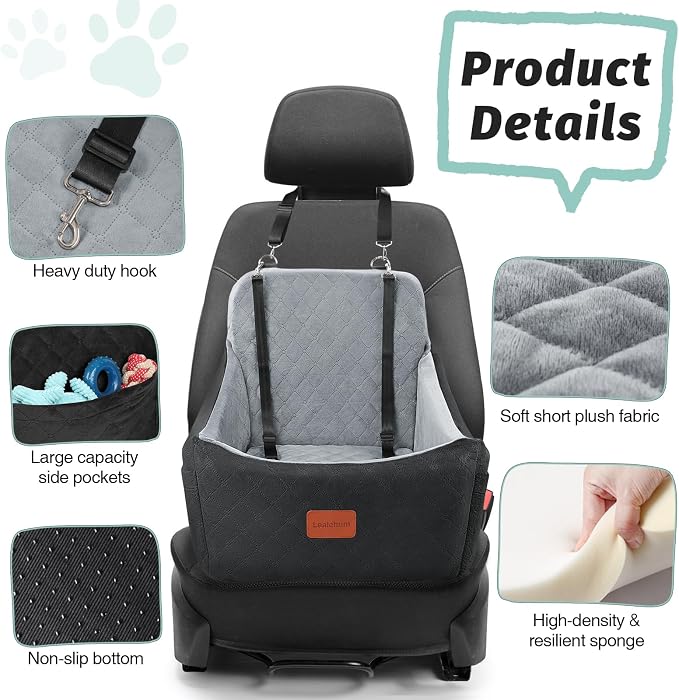 Lealchum Dog car seat for Medium Dogs,Easy to Install with Adjustable Straps,Anti Slip Bottom pet car Bed,Fully Detachable and Washable pet Travel Bed (Black/Grey, Medium) - Image 2