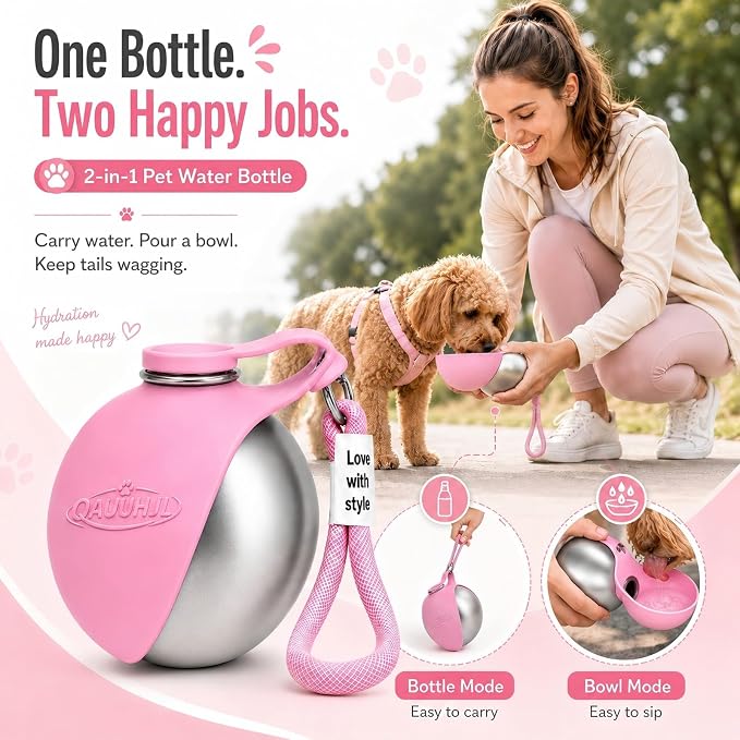 Dog Water Bottle Portable Travel Pet 2-in-1 Stainless Steel Bowl | Dispenser Leak Proof Hydration with Easy Carry Lanyard for Walking Hiking Camping Outdoor Adventures Small Medium Dogs - Image 2