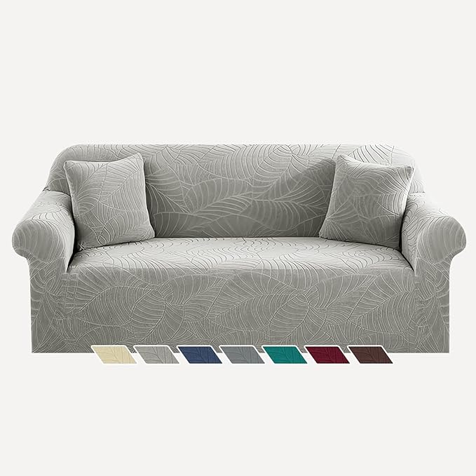 YEMYHOM Couch Cover Latest Jacquard Design High Stretch Sofa Covers for 3 Cushion Couch, Pet Dog Cat Proof Slipcover Non Slip Magic Elastic Furniture Protector (Large, Begonia Leaf Light Gray) by YEMYHOM