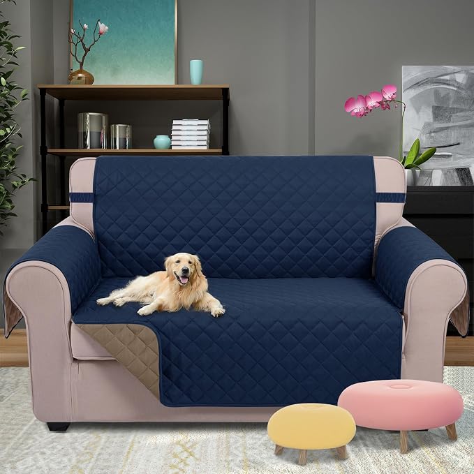 U-NICE HOME Loveseat Sofa Cover for 2 Cushion Couch, Navy/Taupe | 54''Oversized Loveseat Cover Washable, Pet Friendly, Elastic Straps, Water Repellent, Furniture Protector for 2 Cushion - Image 2