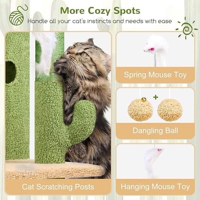 Globlazer Cactus Cat Tree Tower for Indoor Cats, 50-inch Adult Cat Tree House for Large Adult Cats with Steps, Scratching Post, 2 Cat Caves, Dangling Toys, FC50, Green - Image 5