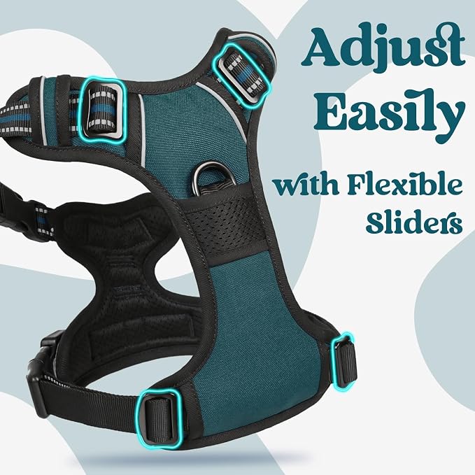 rabbitgoo Dog Harness Medium Sized, Updated Easy On & Off with 3 Buckles | No Pull No Choke, Walking with 2 Clips and Handle, Adjustable Soft Reflective, Blue Coral, Medium - Image 4