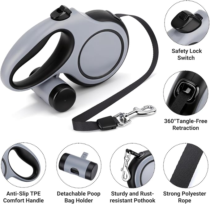Segarty 16 Ft Retractable Leash with Waste Bag Dispenser, 5m Dog Leash with Anti-Slip Handle 360°Tangle-Free Retraction for Pet up to 66 Lbs, Durable Walking Accessory with One-Handed Brake Pause Lock - Image 3