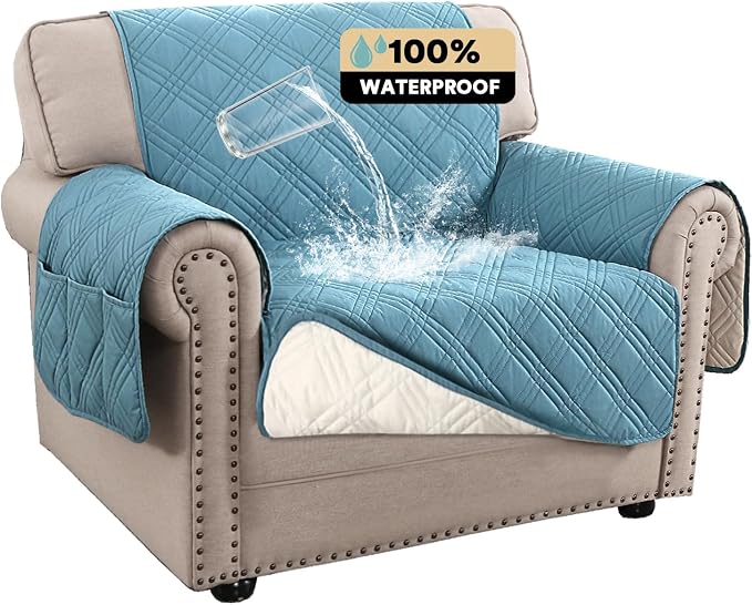 PrinceDeco 100% Waterproof Chair Sofa Slipcover for Living Room Water Resistant Couch Cover Furniture Protector Cover with Elastic Straps for Pets Kids Children Dog Cat(Chair 23", Smoke Blue) by PrinceDeco
