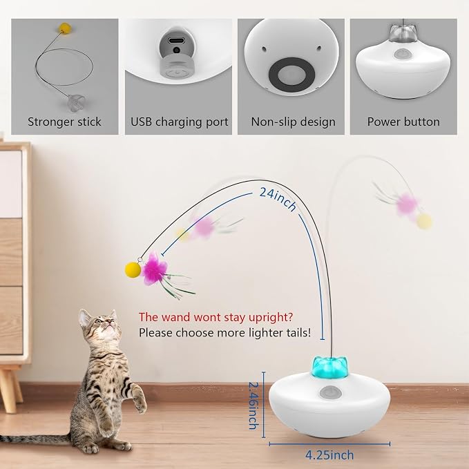 Oxawo Interactive Cat Toys Indoor Cats Toy Automatic Moving Feather Wand | Flying Feather Wobble Base Rechargeable Cat Toy, Extra Long Feather Wand Spin Cat Game & DIY Tails On - Image 4