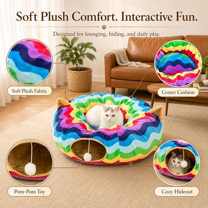 Large Cat Tunnel Bed Under Christmas Tree with Fluffy Toy Balls, Small Cushion and Flexible Design- 10 inch Diameter, 3 ft Length- Great for Cats, and Small Dogs, Rainbow Wave Color - Image 4