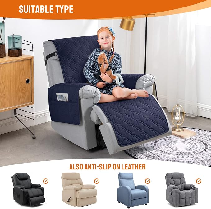 VANSOFY 100% Waterproof Recliner Chair Covers Washable, Dark Blue, 25" | Non-Slip, Slipcover with Pocket, Furniture Protector, Elastic Straps, Chair Cover for Pets, Dogs - Image 5