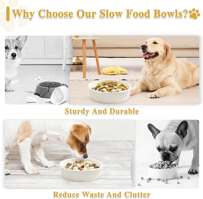 Ceramic Slow Feeder Dog Bowls,1.5 Cups Dog Food Dish for Medium&Large Breed | Puzzle Dog Food Bowl for Fast Eater, 28OZ, 8.15 inch(Beige) - Image 7
