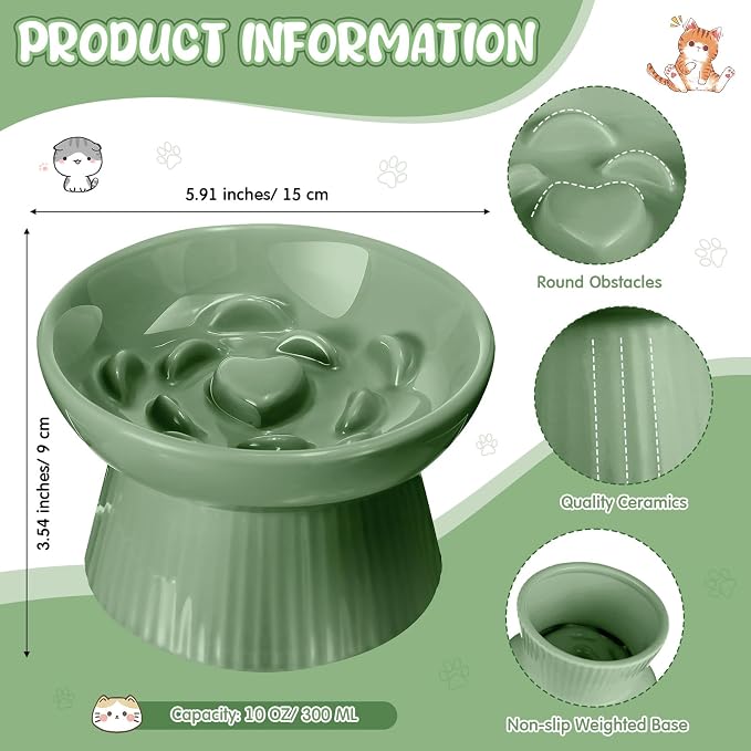 Tioncy 2 Pcs Ceramic Elevated Slow Feeder Cat Bowl, Raised Cat Slow Feeder Bowl, Anti Vomiting for Dry and Wet Food, No Spill High Edge Easy Clean Dishwasher Safe (Sage Green) - Image 2