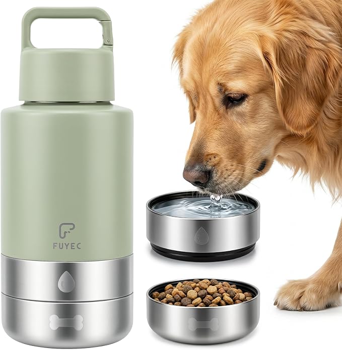 32oz 3-in-1 Dog Water Bottle Stainless Travel Cup with 2 Bowls,Green | 2 Detachable Food and Water Bowls | Leak Proof | Ideal Gift for Dog Lovers for |Pet Gear for Outdoors, Hiking, Parks by FUYEC