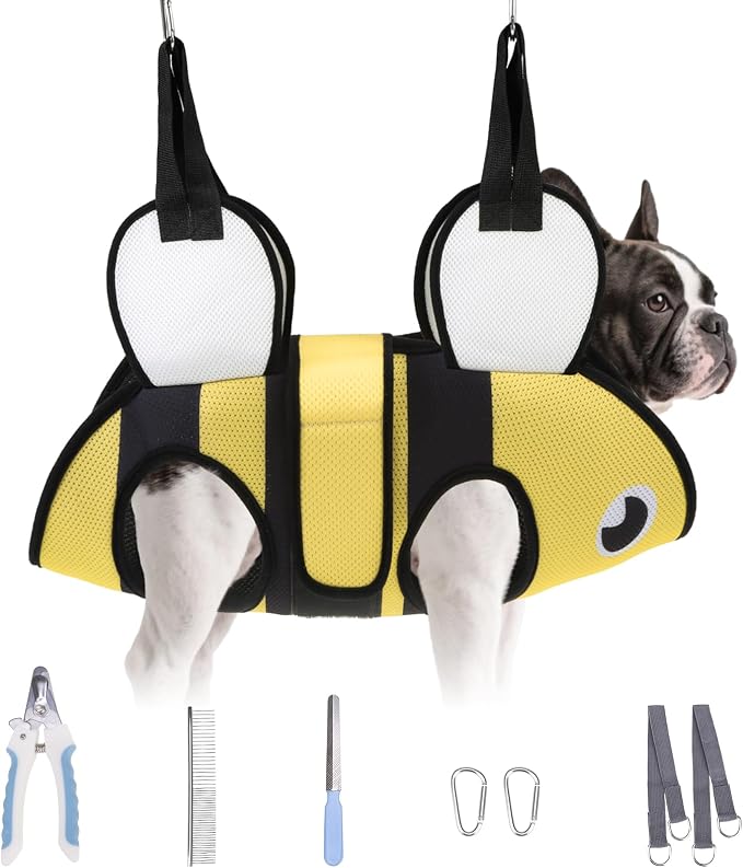 Dog Grooming Hammock for Small Dogs Cats, Cute Bee Design Dog Hanging Harness for Nail Trimming/Clipping, Pet Sling with Grooming Kit and Thick Neck Support & Strap Restraint Claw Care, M by Cherishelt