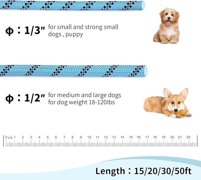 Long Dog Leash for Training 15Ft-Reflective Nylon Rope with Swivel Hook-Recall Agility Lead for Large Small Medium Dogs Outside Walking Hiking-Sky Blue Diam 1/2" - Image 4