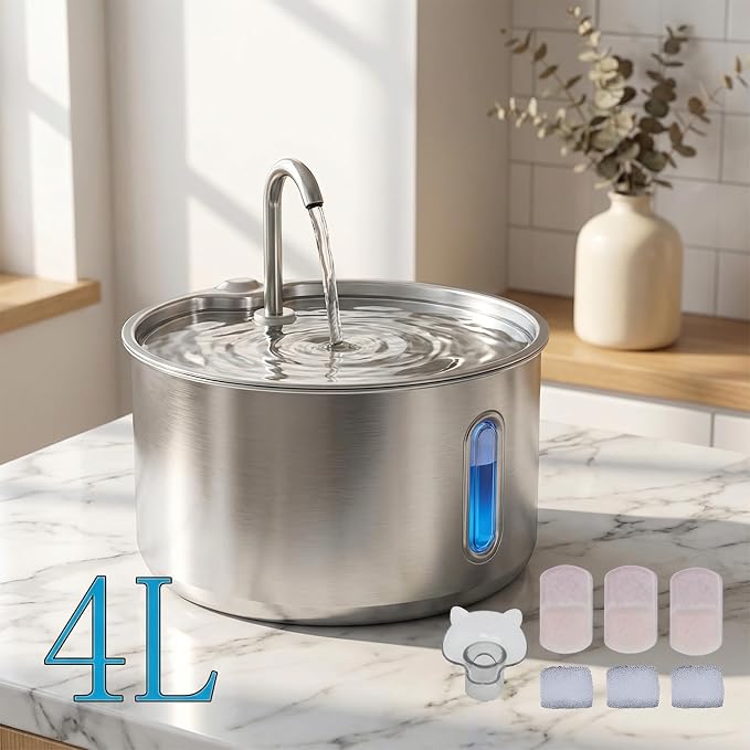 Stainless Steel Cat Water Fountain, 135oz/4L Automatic Pet Water Dispenser with 3 Filters & 2 Water Outlets, Quiet Indoor Drinking Fountain for Cats Small Dogs, Water Level Window - Image 8