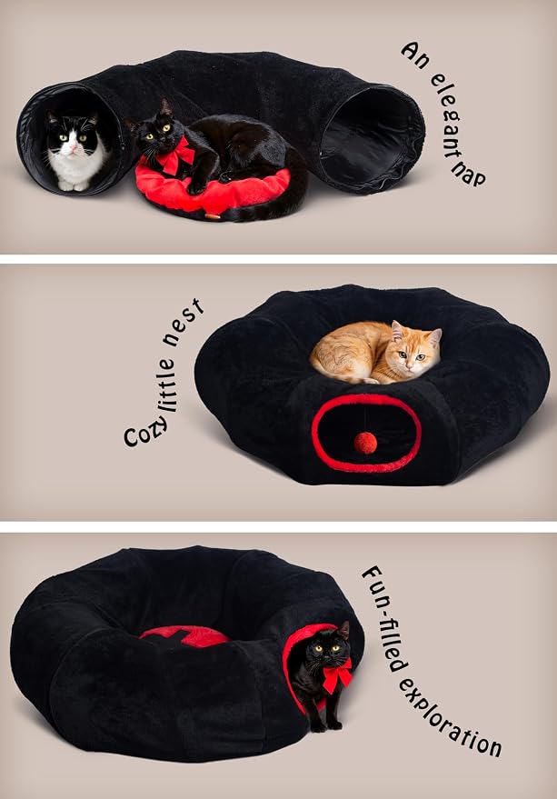Gothic Coffin Tunnel Cat Bed, Washable, Fits Cat up to 25 lbs | Two-way tunnel design. Size: 10"x33.5". Black & Red. Includes soft washable cushion. Also for small rabbits indoor. - Image 6