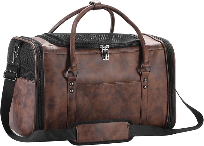 Stylish Leather Pet Carrier for Small Dogs and Cats Up to 15 lbs, Airline Approved Lightweight Travel Tote with Breathable Mesh and Shoulder Strap Coffee by WelcomeToJohomviin