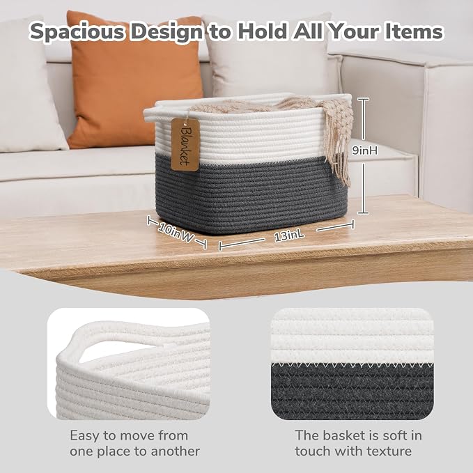 Goodpick Woven Rope Storage Basket for Shelves, Rectangle, Dark Gray | 13" × 10" × 9" Stylish Gift Basket for Home Decor, Cotton Rope Baskets for Baby Toys, Books & Towels Storage, Writable Label - Image 3