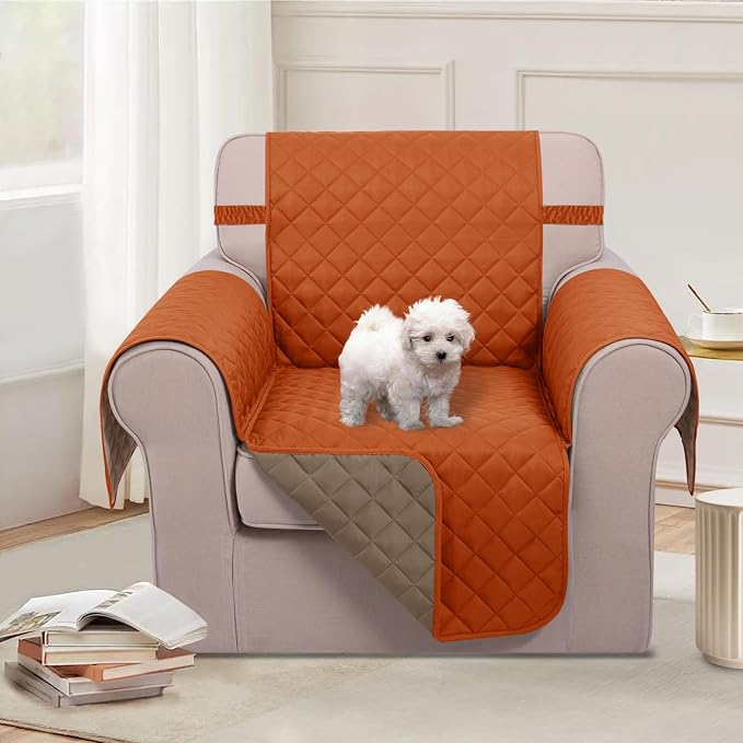 U-NICE HOME Reversible Recliner Chair Covers, Orange/Taupe | 23''Armchair Cover for dogs Washable, Pet Friendly, Elastic Straps, Water Repellent, Diamond Quilted - Image 2