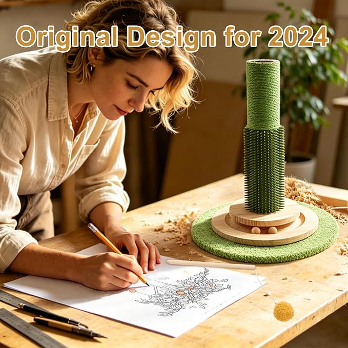 46" Tall Cat Scratching Post, Natural Sisal Cat Tree for Indoor Adult Cats | Vertical Cat Scratch Post for Body Stretching, Self-groomer Brush, Stable 3-layer Solid Wood Base, Interactive Ball Track Toy - Image 7
