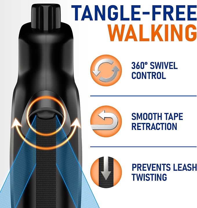 20.1 ft Retractable Dog Leash for Dogs 10–100 lbs - Heavy Duty Tape Leash with Strong Nylon Tape - 360° Swivel Control - One-Click Brake & Lock - Ergonomic Non-Slip Grip for Safe & Easy Daily Walks BK - Image 7