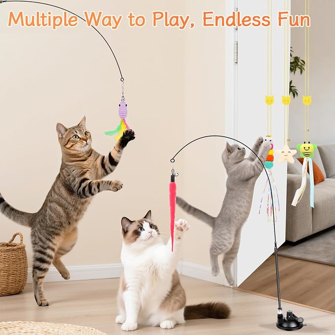 Atosun Interactive Cat Toys, 15PCS Cat Wand and Feather Toys for Indoor Cats, Reusable Suction Cup Toys for Kittens Play Exercise - Image 2